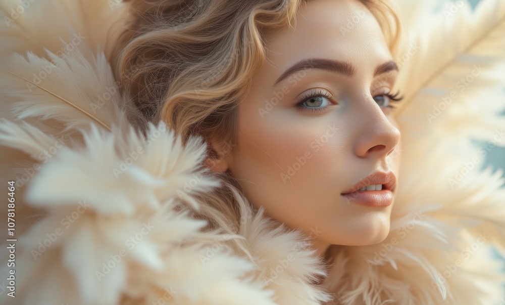 Young woman with soft features and feathers Young woman with soft features and feathers