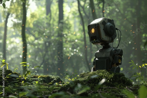 A Small Robot Explores a Lush Green Forest Under Soft Sunlight, Surrounded by Vibrant Foliage and Dappled Light Filtering Through the Trees