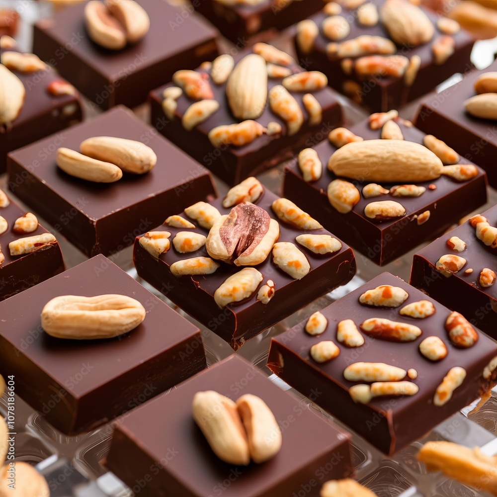 Square milk chocolate bars with peanuts. Macro photography, photorealism, food and confectionery images Square milk chocolate bars with peanuts. Macro photography, photorealism, food and confectionery images