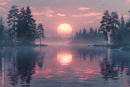 Tranquil Sunrise Over Misty Forest Lake - Nature Serenity Landscape