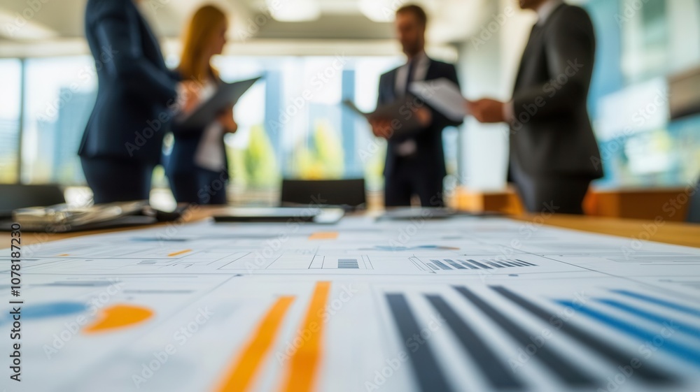 Executives discussing a business strategy blueprint laid out in a boardroom Executives discussing a business strategy blueprint laid out in a boardroom