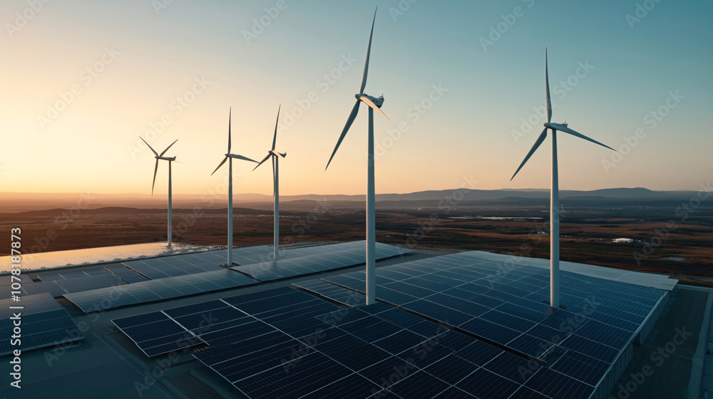 Wind turbines and solar panels on a flat roof at sunset, representing renewable energy technology in a serene landscape with distant hills under a clear sky. Wind turbines and solar panels on a flat roof at sunset, representing renewable energy technology in a serene landscape with distant hills under a clear sky.