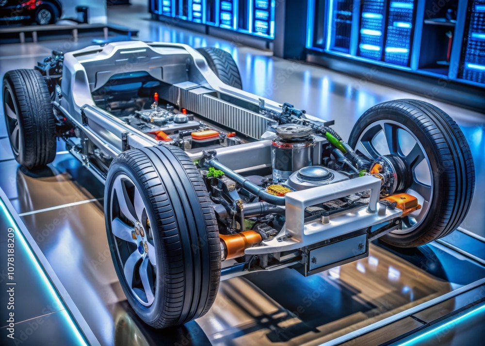 Chassis of an Electric Car Featuring Detailed Powertrain and Connection Systems, Showcasing Advanced Electric Vehicle Technology for Eco-Friendly Transportation Solutions Chassis of an Electric Car Featuring Detailed Powertrain and Connection Systems, Showcasing Advanced Electric Vehicle Technology for Eco-Friendly Transportation Solutions