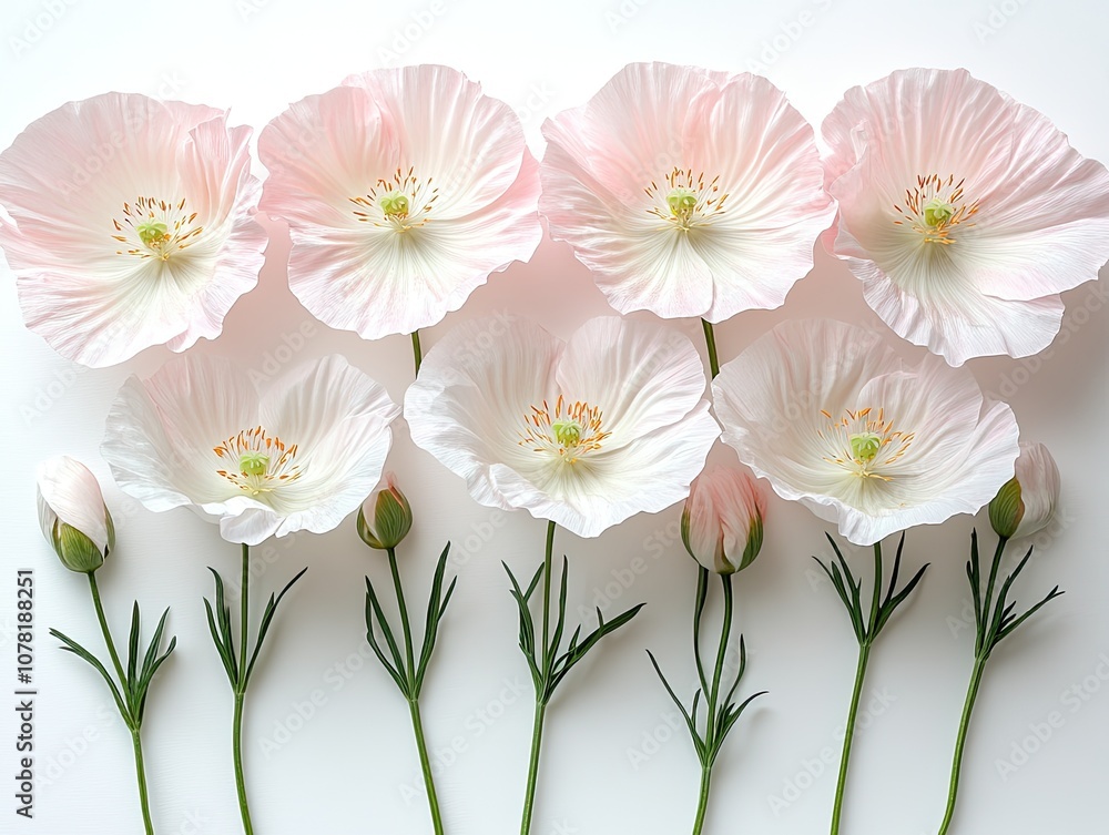 Fototapeta premium Soft pink poppy flowers on white background. Perfect for delicate, feminine designs or floral themes.