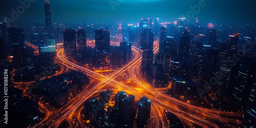 Smart City Nightscape with Fiber Optics and 5G Technology in Urban Digital Transformation