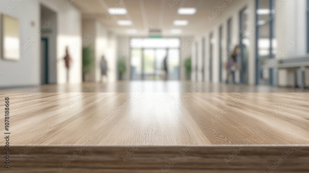 Light Wood Tabletop in Blurred Modern Office Hallway Light Wood Tabletop in Blurred Modern Office Hallway