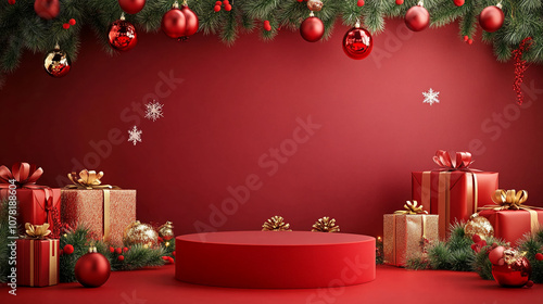 Christmas Themed Podium for Product Display Surrounded by Holiday Cheer