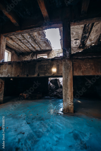 Soviet ruins of the plant. The abandoned building was overgrown with greenery and collapsed.