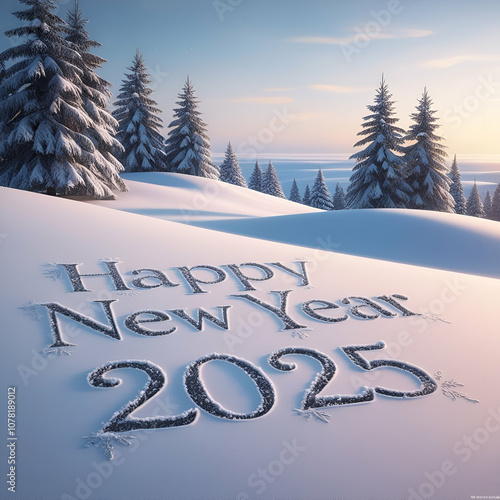 2025 Happy new year text on snow, New Year Celebration, 2025 New Year’s Eve greeting card, banner, celebration poster