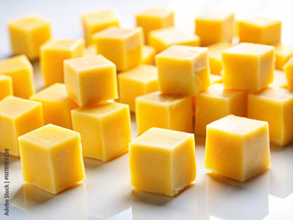 Close-Up of Fresh Yellow Cheese Cubes on a Clean White Background Ideal for Food Photography, Recipes, and Culinary Presentations Featuring Delicious Dairy Products Close-Up of Fresh Yellow Cheese Cubes on a Clean White Background Ideal for Food Photography, Recipes, and Culinary Presentations Featuring Delicious Dairy Products