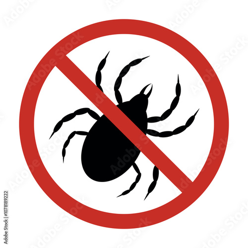 Stop ticks sign. Prevent a tick bite crossed out tick warning sign. Encephalitis, parasite, forbidden circle