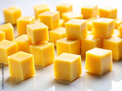 Close-Up of Fresh Yellow Cheese Cubes on a Clean White Background Ideal for Food Photography, Recipes, and Culinary Presentations Featuring Delicious Dairy Products