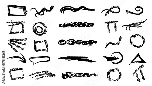 Scribble hand draw  doodle element. Highlight hand drawn arrow marker isolated  mark  lines, circle and arrow line for highlighting text.Hand drawn, doodle elements isolated on transparent background.