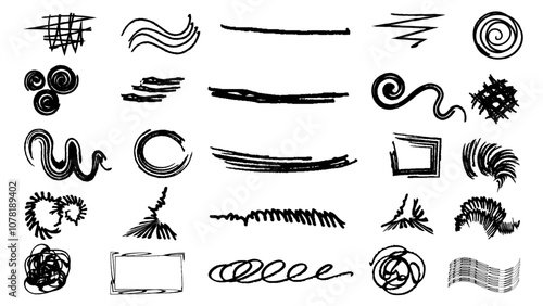 Hand drawn sketch doodle scribble brush geometric shape crayon effect background.  Set arrow marker isolated  mark  lines, circle and arrow line. Brush line shape,arrow, circle, zigzag elements set.