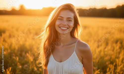 Smiling woman in golden field at sunset