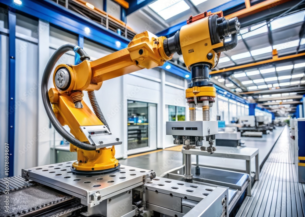 Closeup of an Industrial Automation Gripping Robot Picking Metalwork in a Smart Factory Setting, Isolated on a White Background for Advanced Manufacturing Industry 4.0 Closeup of an Industrial Automation Gripping Robot Picking Metalwork in a Smart Factory Setting, Isolated on a White Background for Advanced Manufacturing Industry 4.0