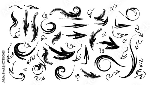 Hand drawn arrows set arrows, black, cartoon, chalk, punctuation, pointers, doodle design elements, pencil or charcoal drawn marks. Stencils with black ink for text.