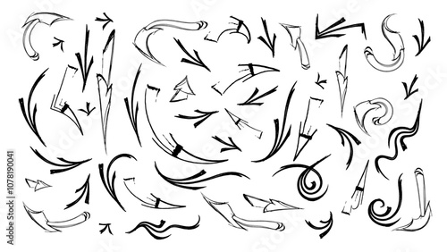 Brush marker drawn arrows set.Hand drawn  doodle line arrows elements set. Collection of graphic effects arrow. Vector illustration of express shape, movement arrow on transparent background.