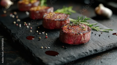 Raw Beef Steaks with Seasoning on Black Slate Board

 photo