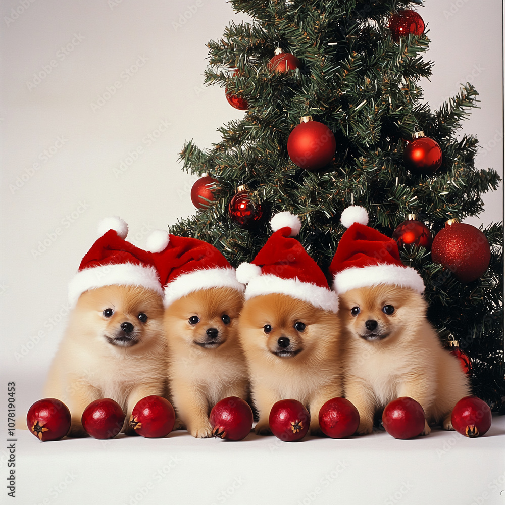 Four adorable puppies wearing Santa hats sit in front of a Christmas tree decorated with red ornaments Four adorable puppies wearing Santa hats sit in front of a Christmas tree decorated with red ornaments