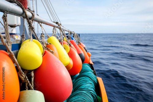 Fishing gear and ropes on a boat deck, essential tools for commercial fishing at sea. photo