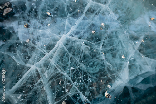 beautiful deep blue ice with cracks