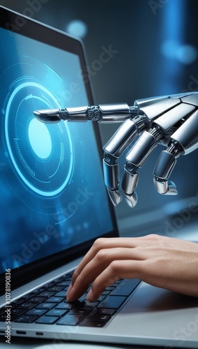 Robot hand and human hand using laptop. Human with artificial intelligence via laptop. Artificial intelligence, concept of future