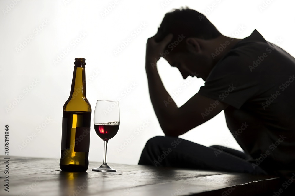 Alcoholic. Alcohol problems and abuse. Silhouette of a man with beer. Alcohol consumption. Rehabilitation, detoxification or recovery. A bottle of wine on the table. White background. Drunk young alco Alcoholic. Alcohol problems and abuse. Silhouette of a man with beer. Alcohol consumption. Rehabilitation, detoxification or recovery. A bottle of wine on the table. White background. Drunk young alco