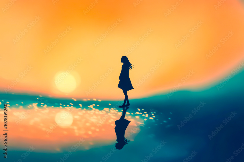 A woman stands on a beach at sunset. The sky is orange and the water is calm. The woman is alone and seems to be lost in thought A woman stands on a beach at sunset. The sky is orange and the water is calm. The woman is alone and seems to be lost in thought