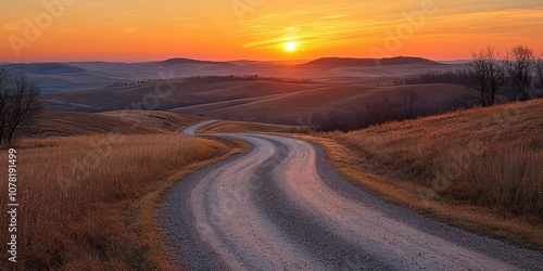 Winding road sunset: scenic path leading through hills toward bright horizon