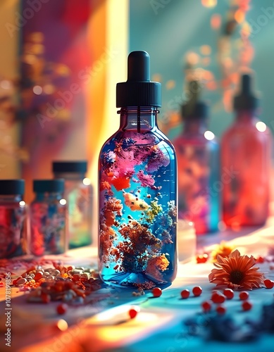 Colorful glass bottle field with vibrant liquid and flowers on a table surrounded by illuminated yars in a soft light	 photo