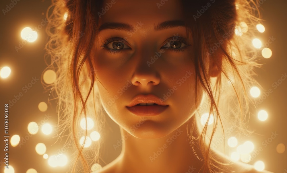 Close-up of woman with warm lights Close-up of woman with warm lights