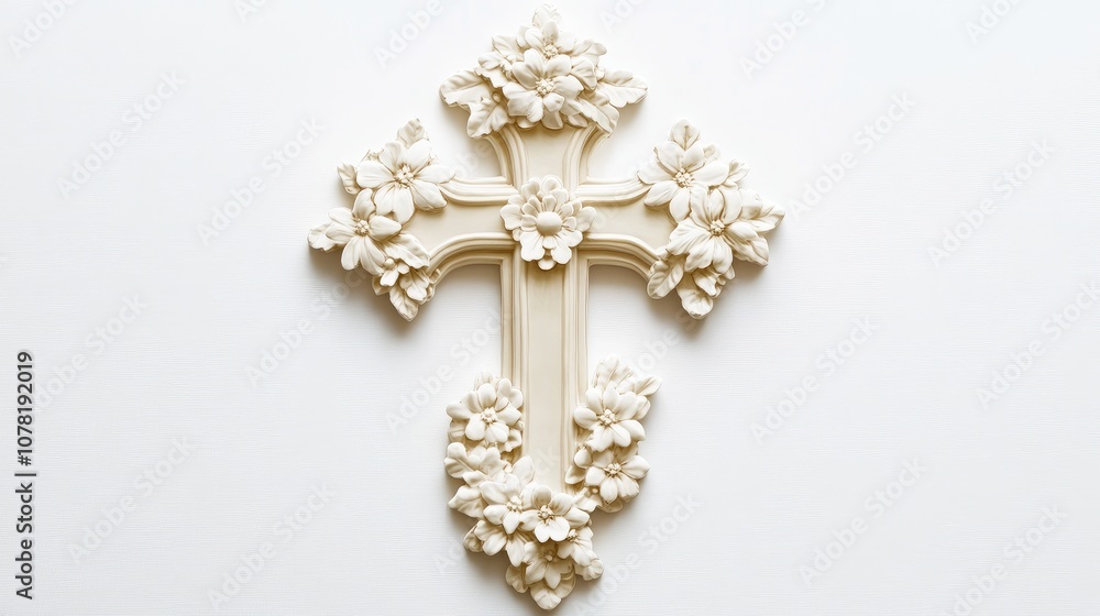 Cross with floral decoration on a white background, perfect for copy focused on faith and renewal Cross with floral decoration on a white background, perfect for copy focused on faith and renewal