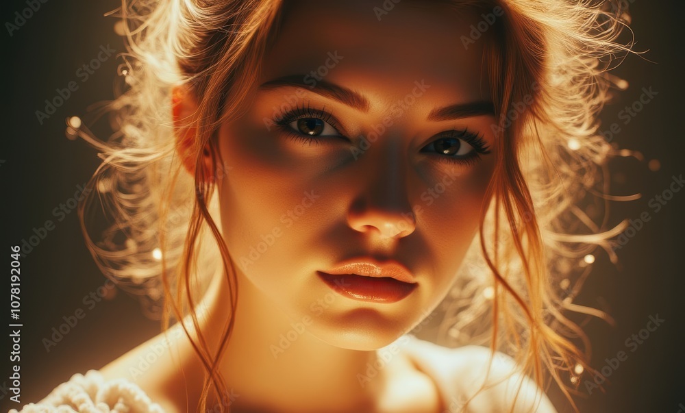 Close-up of a young woman with golden hair. Close-up of a young woman with golden hair.