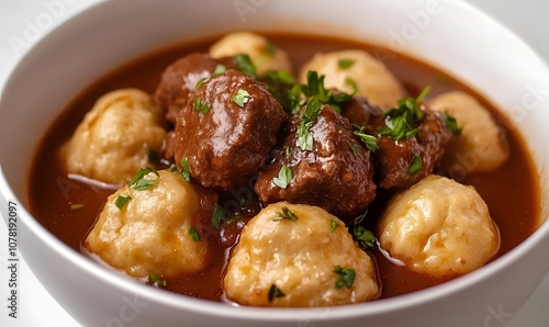 A hearty bowl of beef stew with dumplings, Generative AI