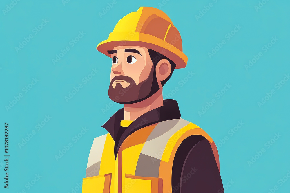 A man in a yellow vest and a hard hat is standing in front of a blue background A man in a yellow vest and a hard hat is standing in front of a blue background
