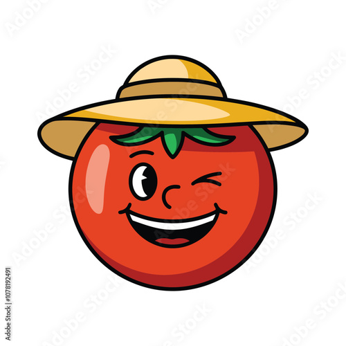 Winking tomato with straw hat cartoon illustration