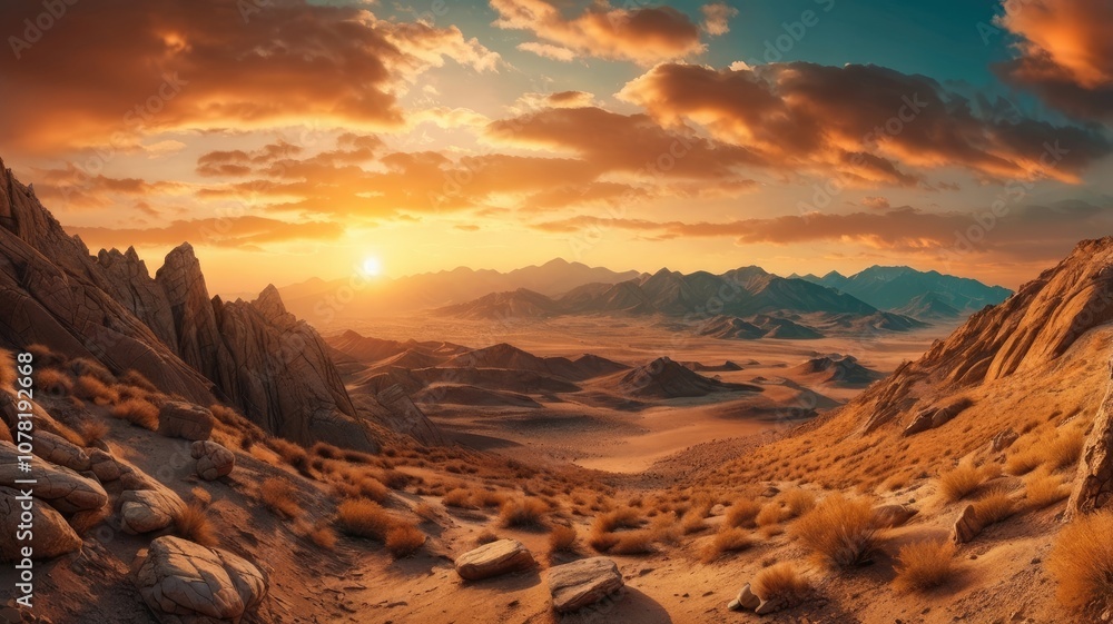 Naklejka premium Golden sunset over mountains, stone desert with rocky ridge. landscape with mountain cloudy and sky