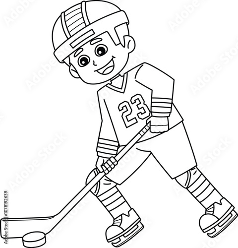 Ice Hockey Boy Player Dribbling Isolated Coloring 