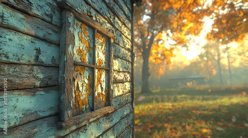 A close-up of a weathered window on a rustic building with a vibrant autumn backdrop. A close-up of a weathered window on a rustic building with a vibrant autumn backdrop.