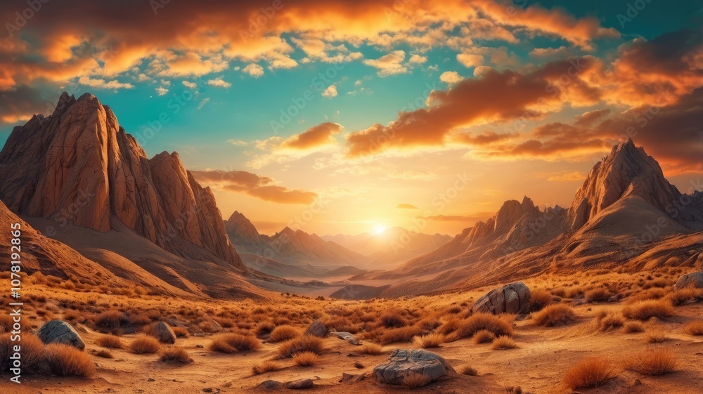 Golden sunset over mountains, stone desert with rocky ridge. landscape with mountain cloudy and sky Golden sunset over mountains, stone desert with rocky ridge. landscape with mountain cloudy and sky