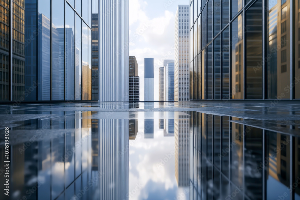 A city skyline with a large building in the middle. The reflection of the buildings in the water is very clear A city skyline with a large building in the middle. The reflection of the buildings in the water is very clear