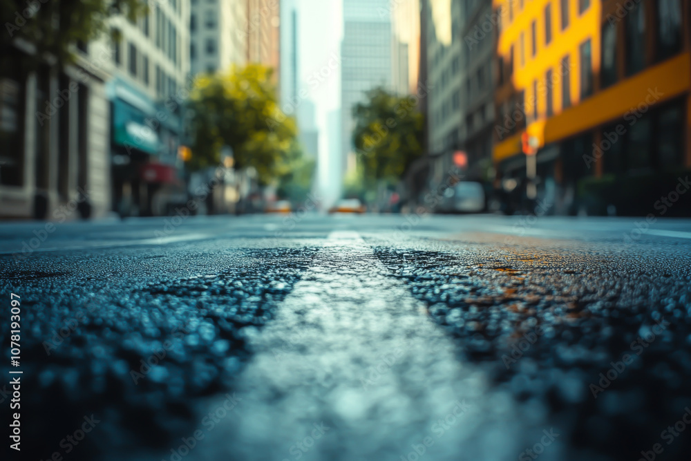 A city street with a white line down the middle. The street is wet and the cars are driving by A city street with a white line down the middle. The street is wet and the cars are driving by