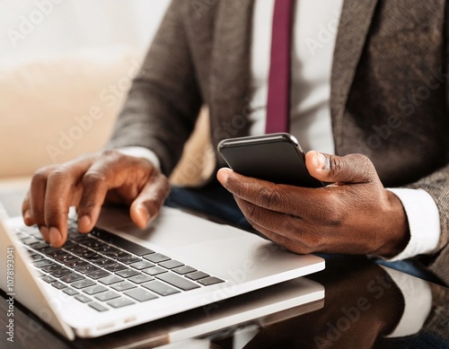 a man who is using a laptop while holding a smartphone.