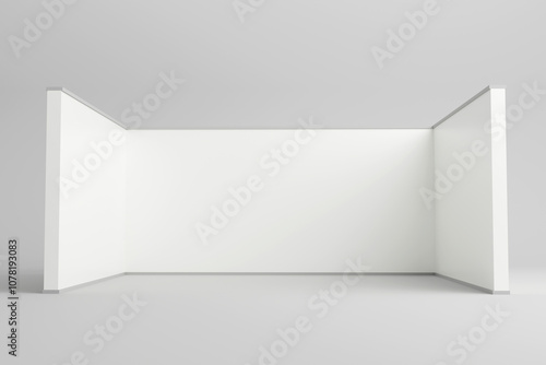 Minimalist white exhibition booth backdrop with side walls.
