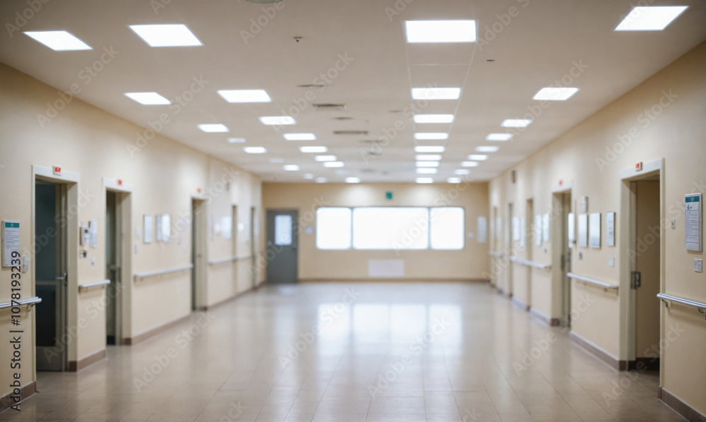 A long, empty hallway with white walls and a bright, fluorescent light A long, empty hallway with white walls and a bright, fluorescent light