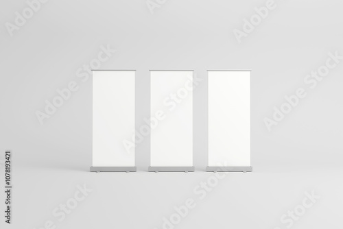 Three blank roll-up banners for presentations and displays.
