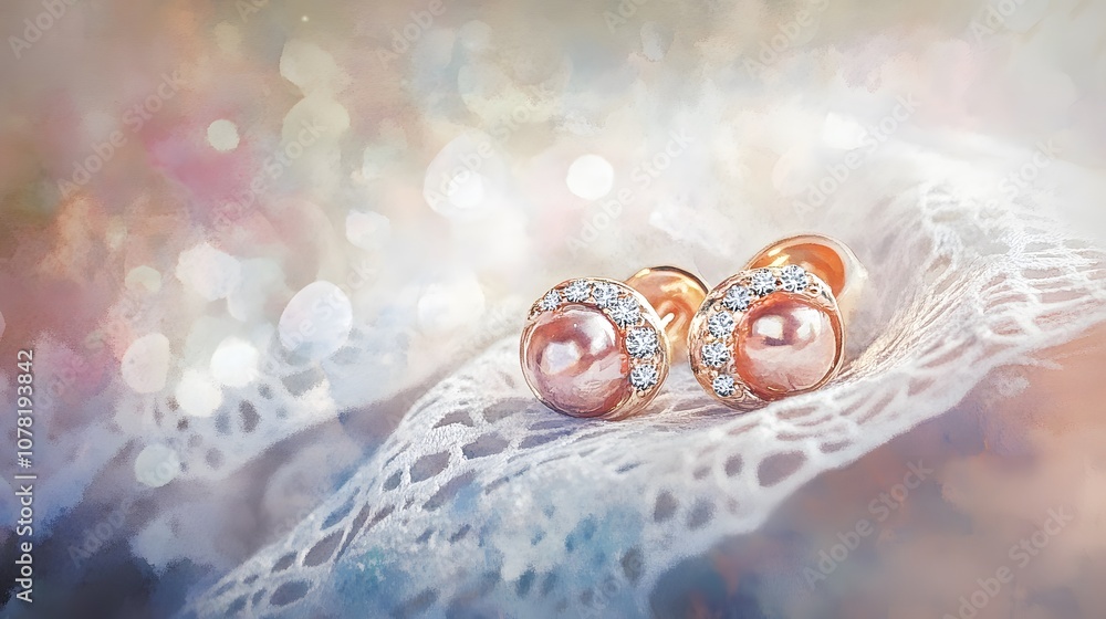 Naklejka premium Watercolor Artistic using soft, brushy watercolor strokes, Single object picture - a pair of glittering earrings resting on a lace cloth, symbolizing elegance