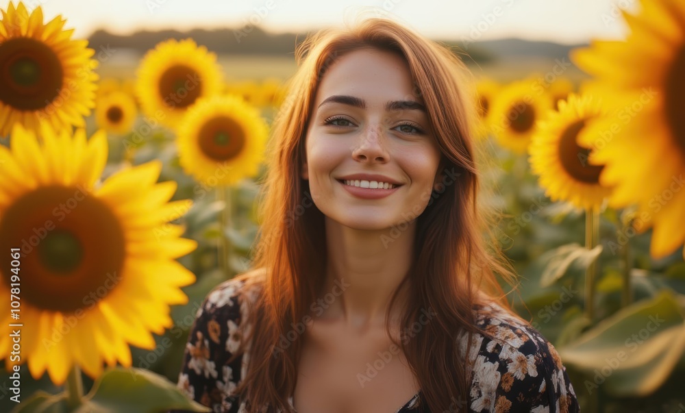 Smiling woman among sunflowers Smiling woman among sunflowers