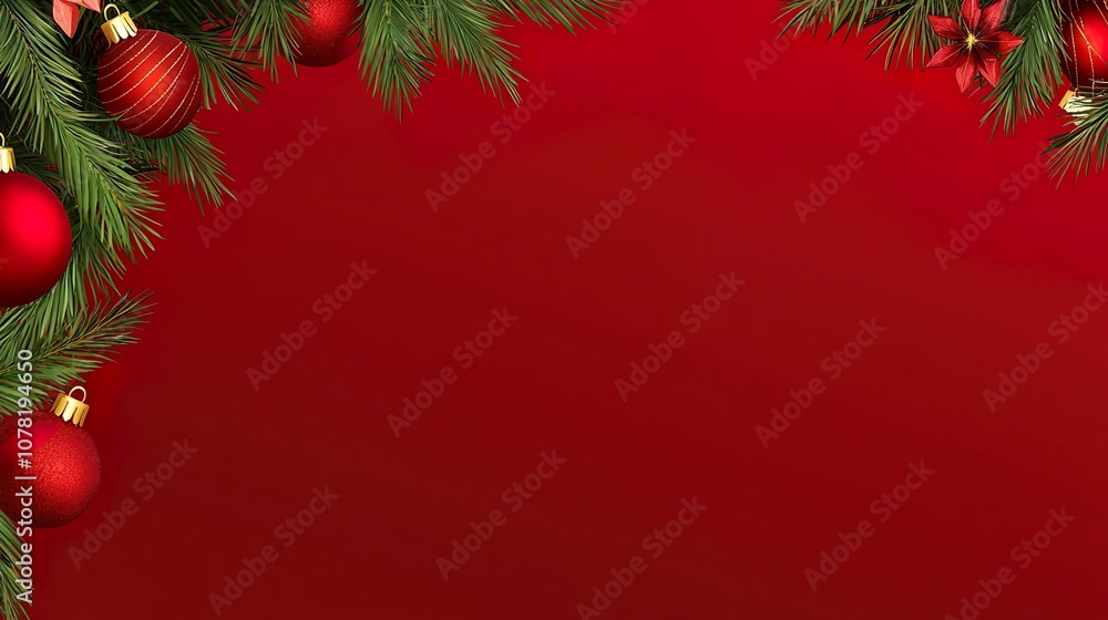 Christmas-Themed Border Evergreen Branches Garland Red Ornates Red Backdrop Christmas-Themed Border Evergreen Branches Garland Red Ornates Red Backdrop